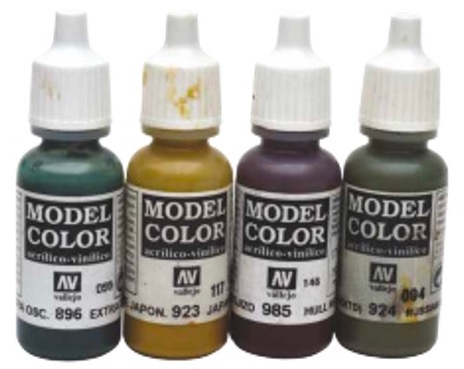 Above: These are the colours from the Vallejo acrylic series of paints used for the camouflage pattern on this model. All but the Extra Dark Green were airbrushed.