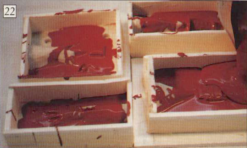 22. Place all the moulds close together on a flat level surface and very carefully start to pour the rubber in one corner of one of the moulds and string it over the pattern.